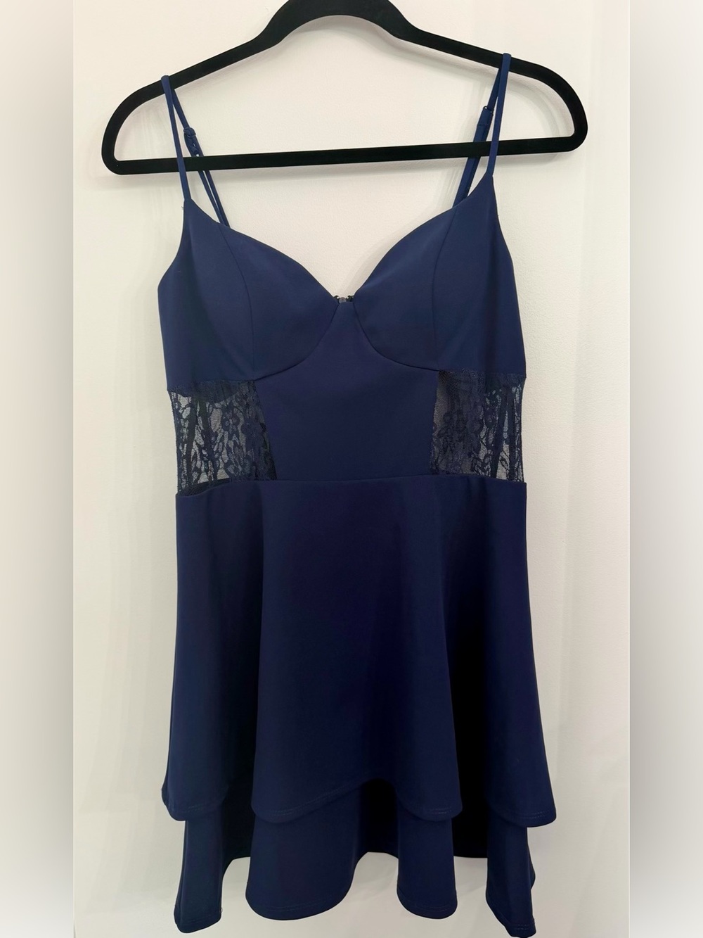B. Darlin Navy Blue Sweetheart Lace-Waist Tiered Skater Mini Dress – Size 13/14